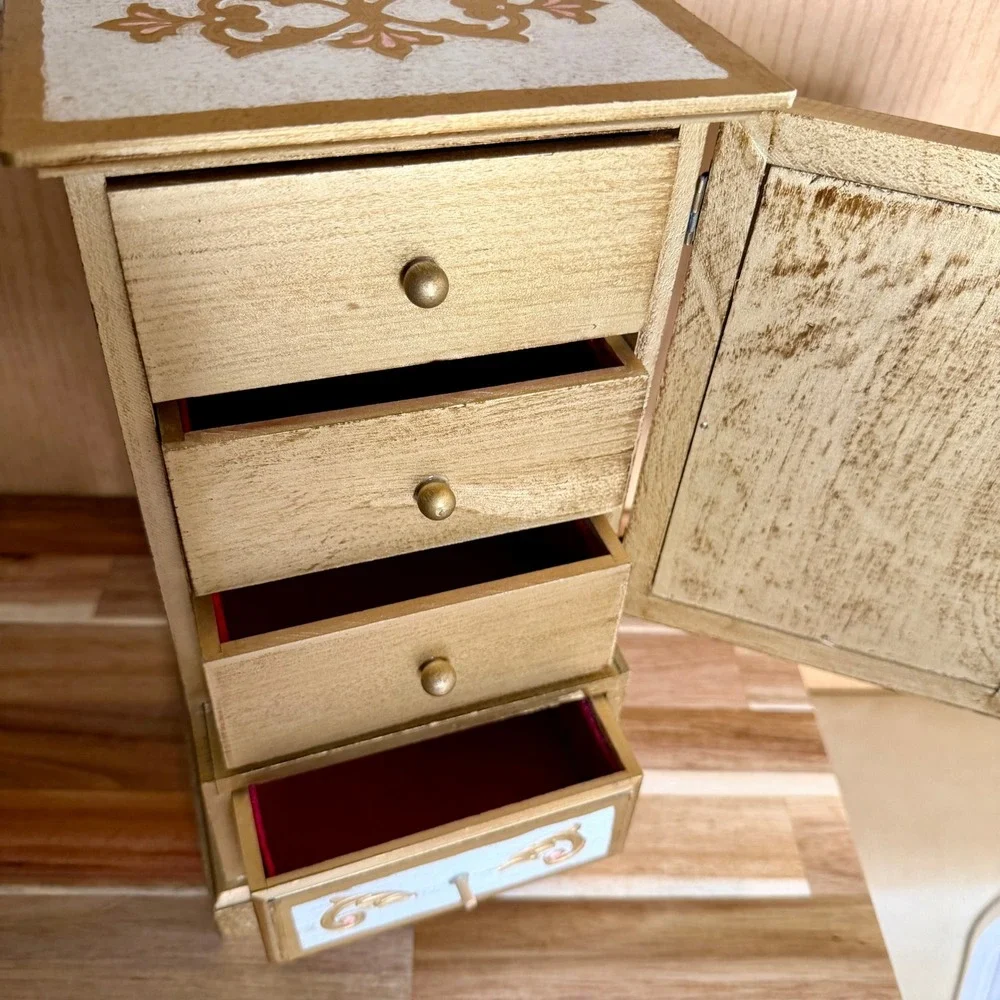 Vintage Toyo Japan Musical Jewelry Box Armoire Gold Wood Portrait 4 Drawer 12.5